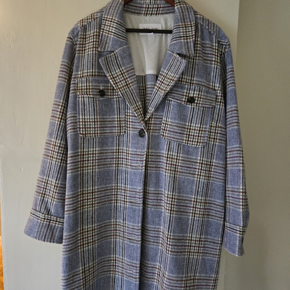 Plaid Wool-Blend Overcoat in Light Blue - TRIBAL Jeans